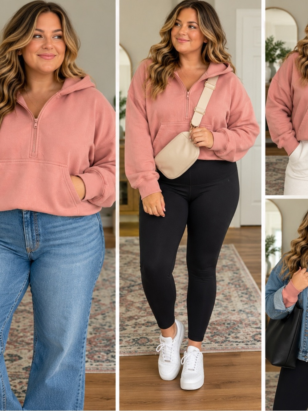 Women's Dusty Rose Half-Zip Hoodie with Hood